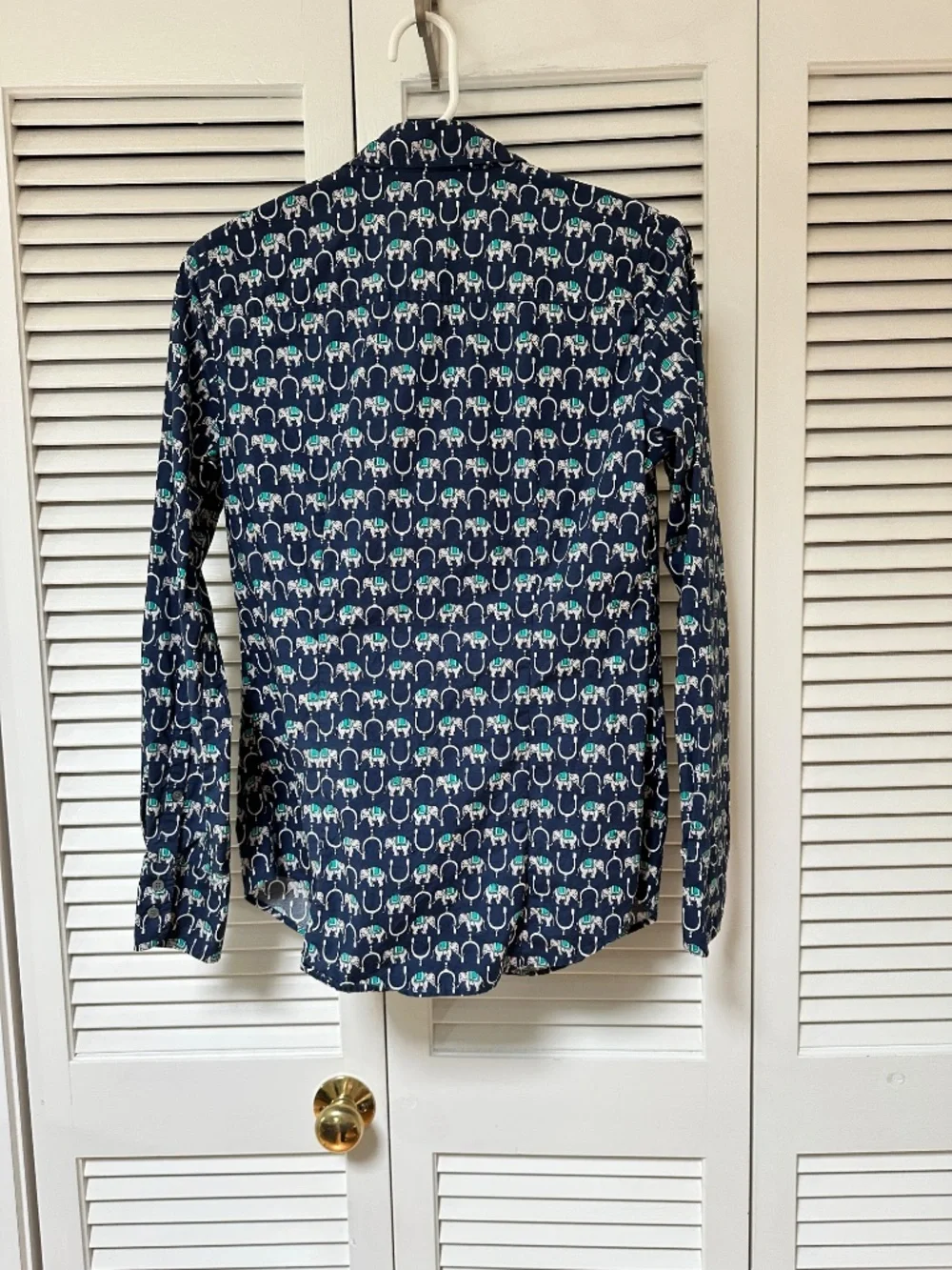 J. Crew Perfect Button Down Cotton Blouse Blue Teal White Elephants Print Small